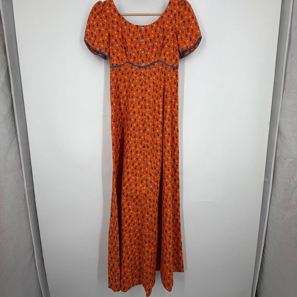 Vintage Liberty House Orange Teal Floral Ditsy Short Sleeve Maxi Dress Sz Small